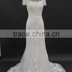 Off-shoulder Straight Neckline Horse Tail at Hem Make Ruffle Effect Sheath Wedding Dress thumbnail-1