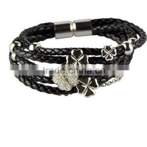 Charm Stainless Steel Black Leather Bangle 316L Leather Bracelet With Gold Balls and Flowers thumbnail-1