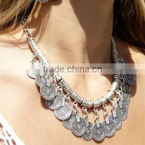 Chunky Punk Tribal Retro Antique Silver Coins Plated Alloy Bib Choker Necklace thumbnail-2