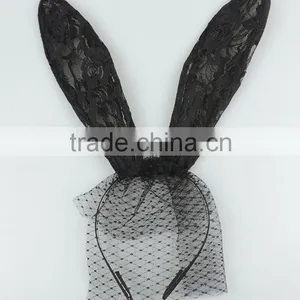 Wholesale Black Floral Lace Rabbit Bunny Ears Veil Headband thumbnail-1