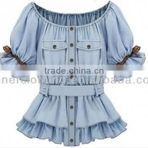Girls Fairy Blue Jeans Style Peplum Ruffle Sleeve Blouses China Manuafacturer thumbnail-1
