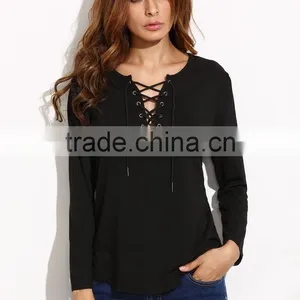Black V Neck Lace Up Curved Hem T-shirt thumbnail-1
