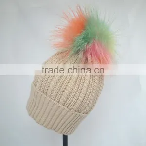Myfur Random Color Raccoon Fur Pompom Knit Beanie Hat Wholesale thumbnail-4