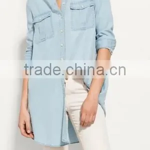 Runwaylover EY2336B Ladies Long Style Fashion Washed Denim Blouse thumbnail-1