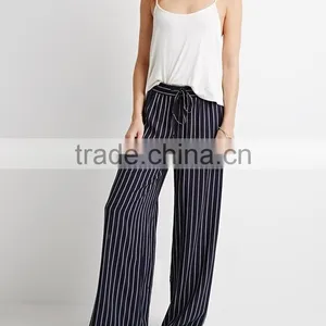 Striped Drawstring Rayon Casual Wide Leg Pants for Ladies Custom Pants thumbnail-1