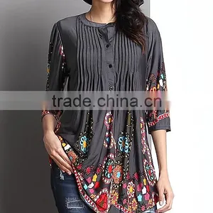 2016 New Women Tops With Charcoal Garden Notch Neck Pin Tuck Tunic Women Blouse Women Clothing GD90426-4 thumbnail-2