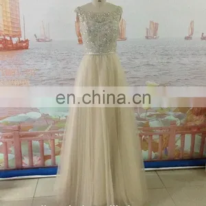 Mint Green Beaded Rhinestones Champagne Color Tulle Long Floor Length High Neck Cap Sleeve Backless Evening Dresses Prom Dress thumbnail-4