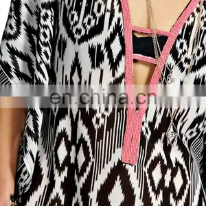 2015 Wholesale Factory Price BEADED NECK PRINTED KAFTAN Slim Embroidered Poncho/ Short Kaftan For Women Summer Wear thumbnail-4