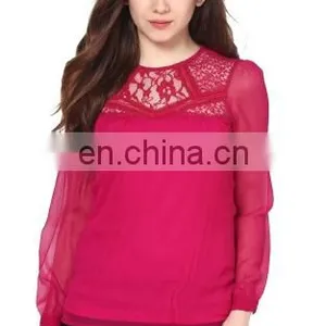 Popular Creation Latest Designer Chiffon Lace Neck Pattern Red Hot Comfortable Long Sleeve Western Beautiful Tunic Dress Top thumbnail-1