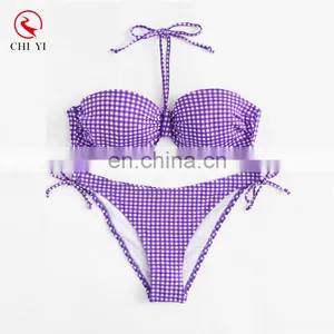 Tie Side Halter Gingham Print Bustier Bikini Set thumbnail-1