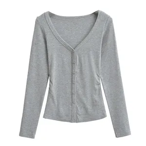 Button Pleated Lace-up Long-sleeved T-shirt Women's 2025 Autumn New Slim Design Sense Undershirt Top Trend thumbnail-1