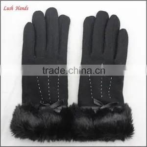Women Woolen Cheap Hand Gloves Winter Dress Gloves With Black Fake Fur thumbnail-1