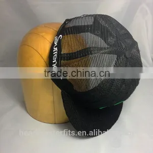 Custom Embroidery Black Knitted Crochet Printed Flat Underbrim Mesh Trucker Snapback Cap thumbnail-2