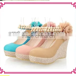 Fashion Designer Wood Pearls Ankle Strip Big Flower Wedge Heel Women Shoes thumbnail-1