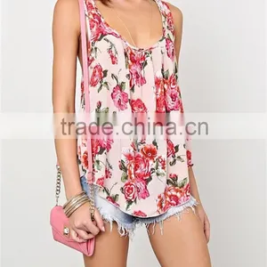 Summer Women Latest Fashion Sweet Floral Print Scoop Neckline Woven Top- SYK15262 thumbnail-3