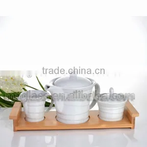 Food Grade White Ceramic Porcelaine Chinese Tea Coffee Cup and Pot Set for Dinner With Wooden Holder thumbnail-1