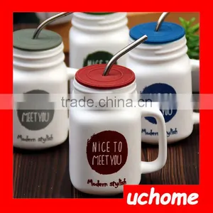 UCHOME Simple Style 16oz Trendy Comfortable Great Gift 16oz Size Ceramic Mason Jar With Handle thumbnail-5