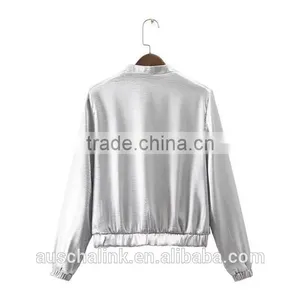 New Style Autumn Cheap Sliver Satin Plain Front Zipper Baseball Jackets thumbnail-6