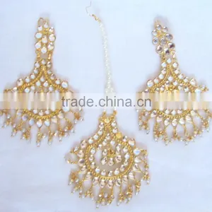 JADAU KUNDAN GOLD PLATED Dangler EARRINGS TIKA SET Real Look thumbnail-2