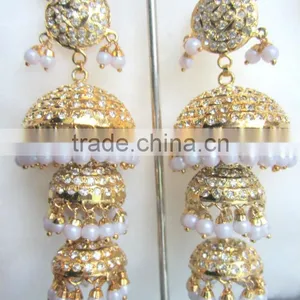 3 Tier Jhumka Gold Plated Jadau Pearl Temple Dangler EARRINGS thumbnail-1