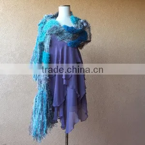 Teal Shawl Aqua Scarf Ocean Seafoam Turquoise Grey Black White Charcoal Hand Knit Striped Fringe Shawl Wrap Cape thumbnail-1