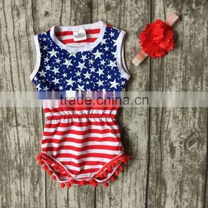 Baby Girls Summer Clothes Infant Striped Romper Navy Tutu Cotton Baby All Star Romper Girls July 4th Cotton Match Headband thumbnail-1