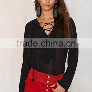 Latest Chiffon Blouse Ruffled Lady Blouse Wholesale Lace up Blouses 2015 thumbnail-2
