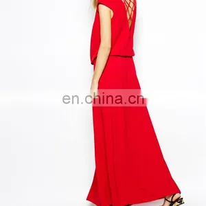 CHEFON Lace Up Detail Red Maxi Dress thumbnail-3