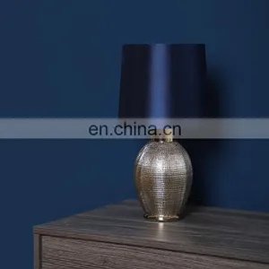 Bucket Shape Unique Silver Embossed Surface Small Dark Blue Nightstand Lamps Ceramic in Bulk thumbnail-4