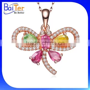 Elegant Color Cubic Zirconia CZ 925 Sterling Silver Created Diamond Dragonfly Pendant thumbnail-2