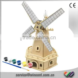 DIY Painting Wooden 3D Puzzle Solar Powered Windmill Toy thumbnail-1