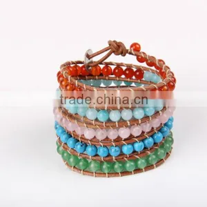 the Sea Blue Pink Crystal Bracelet Fashion Agate Beads Charm Bracelet Women Jewelry 5 Coil Winding Leather Bracelet Bangles thumbnail-2