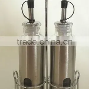 Metal Coating Cylinder Glass Oil Bottle Set With Frame thumbnail-1