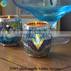 Silver Blue Mosaic Glass Hurricane Candle Holder thumbnail-1