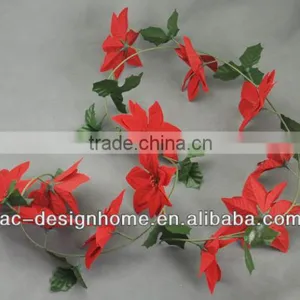 RED ARTIFICIAL VELVET POINSETTIA FLOWER GARLAND W/12 PCS FLOWER HEAD thumbnail-1
