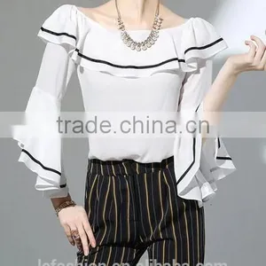 2017 Wholesale Summer Women Big Round Neck Ruffle Sleeve Fashion Chiffon Blouse thumbnail-5