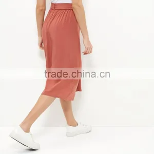 Button Front Tie Waist Ladies Office Skirt Suit Flare Long Skirt thumbnail-3