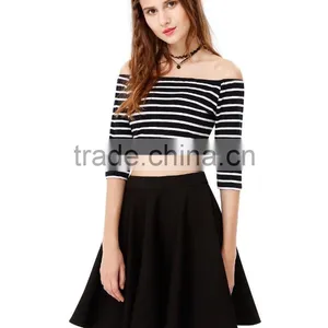Latest Women Off Shoulder Striped Half Sleeve Short Casual Dress Designs For Ladies thumbnail-3
