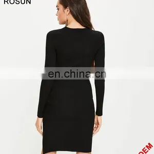 ROSUN China Factory OEM Cut Out V Neck Ribbed Midi Sweater Dress thumbnail-2