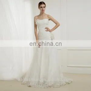 EB2627 Delicate A-Line Scoop Handmade Flower Top Lace Ruched Bridal Wedding Dress thumbnail-1