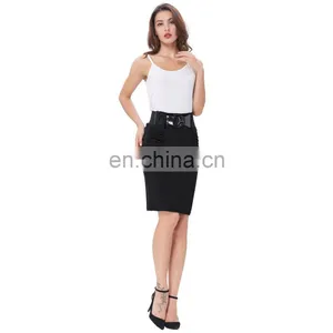 Kate Kasin Women's Shirred Detail High Stretchy Pencil Skirt With Wide Belt KK000271-1 thumbnail-4