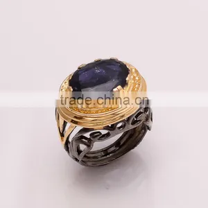 925 SOLID STERLING FINE SILVER IOLITE RING BLACK & GOLD RHODIUM thumbnail-1