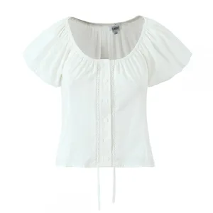 Korean Style Small Fresh Sweet White Puff Sleeve Design Top bm Beautiful Puff Sleeve Short-sleeved V-neck T-shirt for Women thumbnail-1