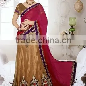 CREAM GEORGETTE ON NET LAHANGA STYLE SAREE thumbnail-2