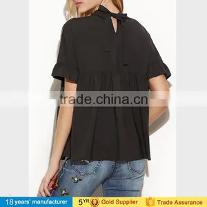 2017 Summer Tops Black Flower Embroidered Sheer Neck Ruffle Cuff Tie Back Top Woman Short Sleeve Vintage Blouse thumbnail-5