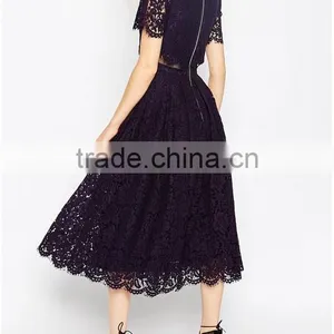 China Guangzhou Clothing OEM Scalloped Edges Round Neckline Crop Top Mesh Insert Midi Women Dress thumbnail-2