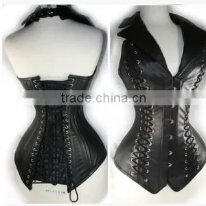 Fashionable Lapel Lace-Up Faux Leather Solid Color Women's Corset thumbnail-1