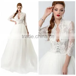 Beautiful Deep v Neck Lace Long Sleeve Muslim Wedding Dress thumbnail-1