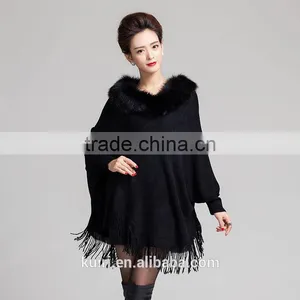 Personality Top Quality Luxury Cashmere Women Shawl Pashmina With Faux Fox Fur Trim Collar Tassel Poncho thumbnail-1