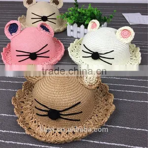Pretty Lovely Kids Straw Hat Cat Ears Hand-woven Soft Straw Hats Baby Cartoon Cap Summer Straw Sunbonnet Infants Children Mz-255 thumbnail-2